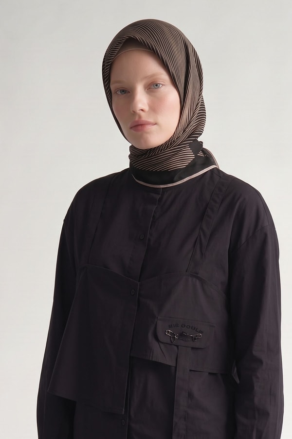 LevidorSiyah Sarmal Çizgili Twill İpek Eşarp