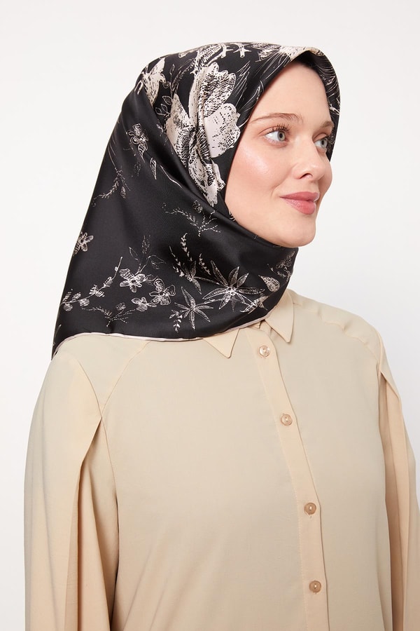 LevidorSiyah Soyut Gül Desen Twill İpek Eşarp