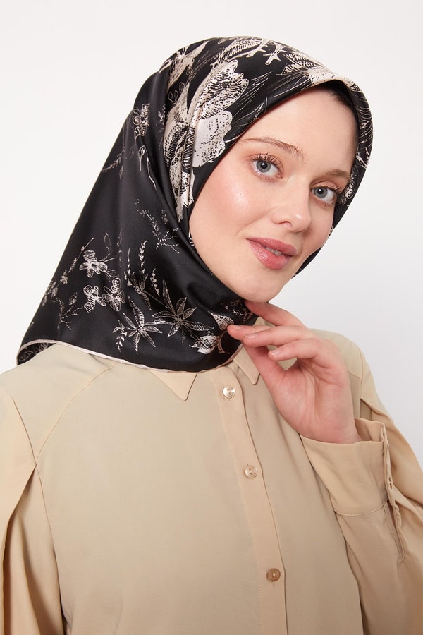 LevidorSiyah Soyut Gül Desen Twill İpek Eşarp