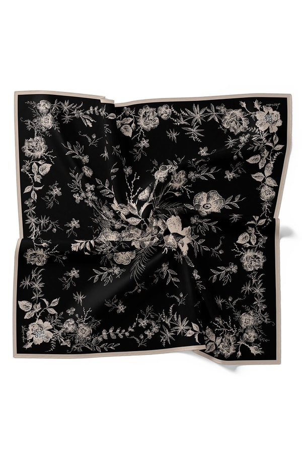 LevidorSiyah Soyut Gül Desen Twill İpek Eşarp