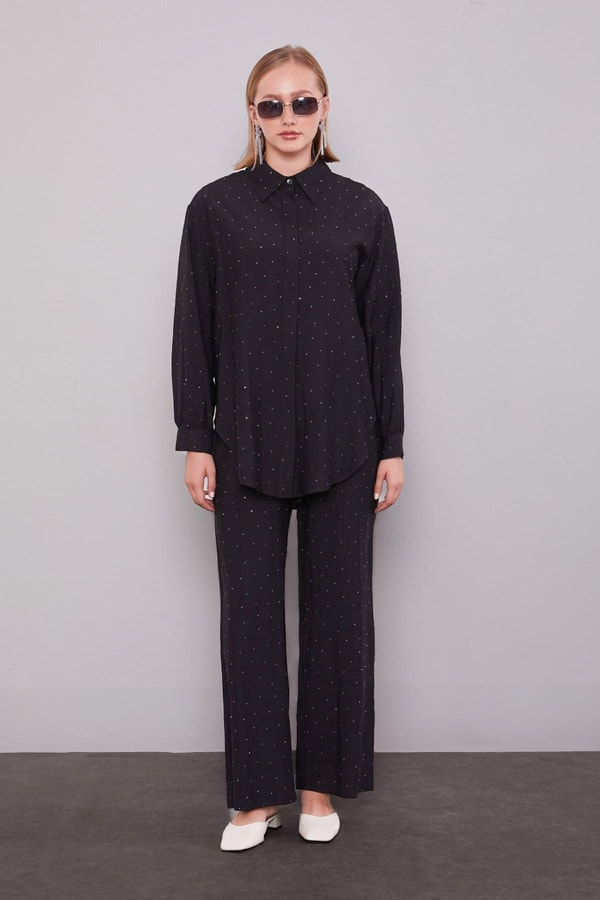 LevidorSiyah Taş Baskılı Düğme Detaylı İkili Takım