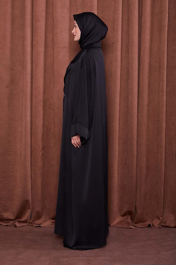 LevidorSiyah Taş Broş Detaylı Saten Ferace