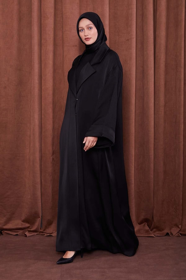 LevidorSiyah Taş Broş Detaylı Saten Ferace