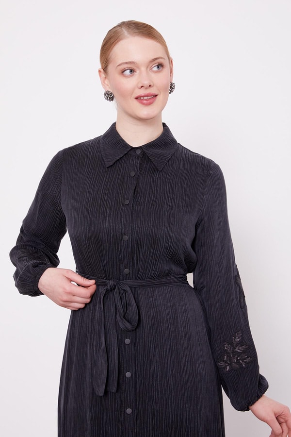 LevidorSiyah Taş İşleme Detaylı Cupra Elbise