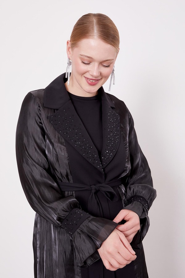 LevidorSiyah Taşlı Saten Ceket Üçlü Takım