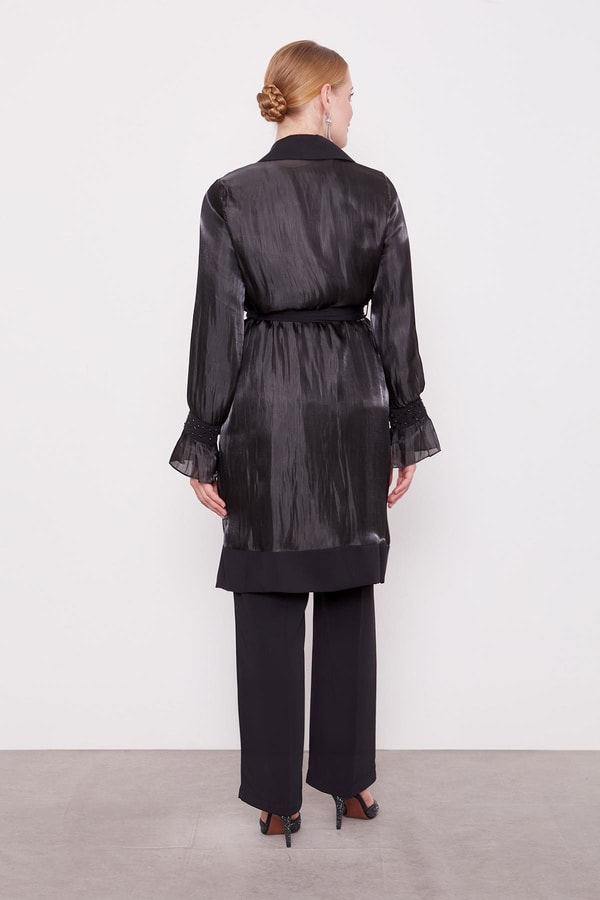 LevidorSiyah Taşlı Saten Ceket Üçlü Takım