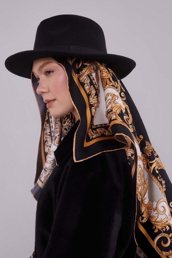 LevidorSiyah Varak Desen Twill İpek Eşarp