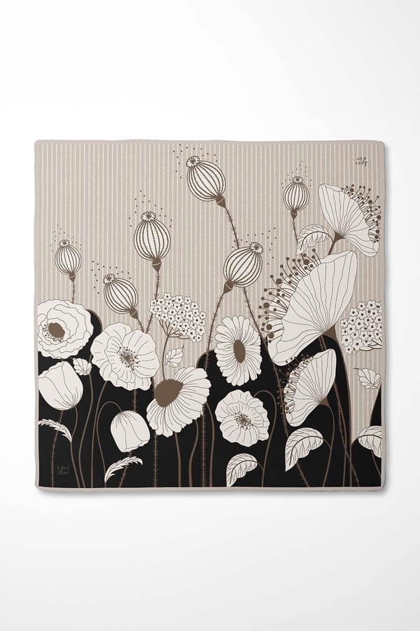 LevidorSiyah-Vizon Zambak Çiçek Desen Twill İpek Eşarp