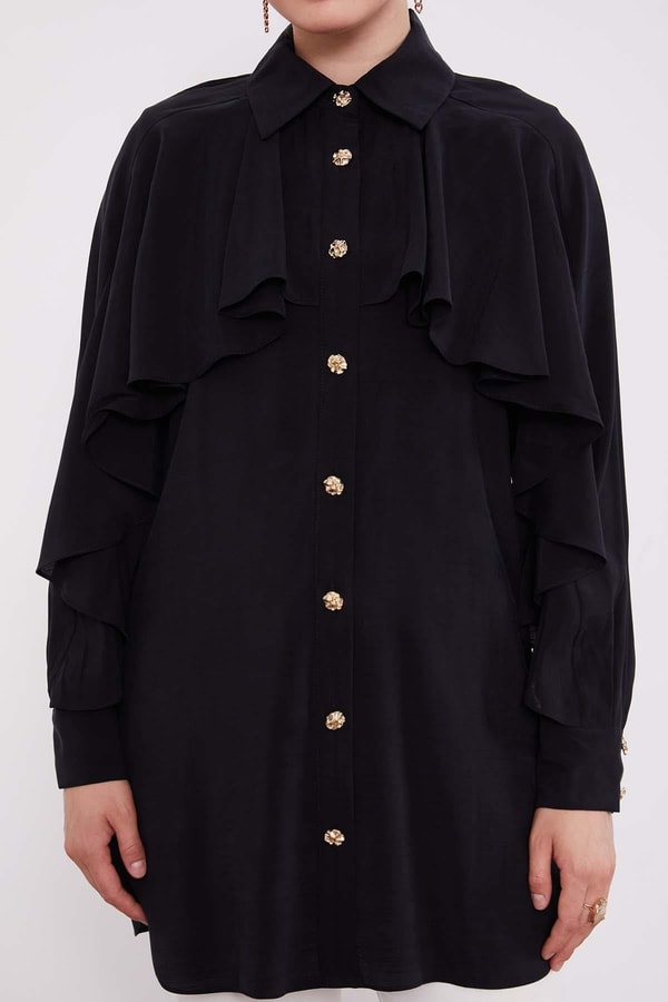 LevidorSiyah Volan Detay Düğmeli Gömlek