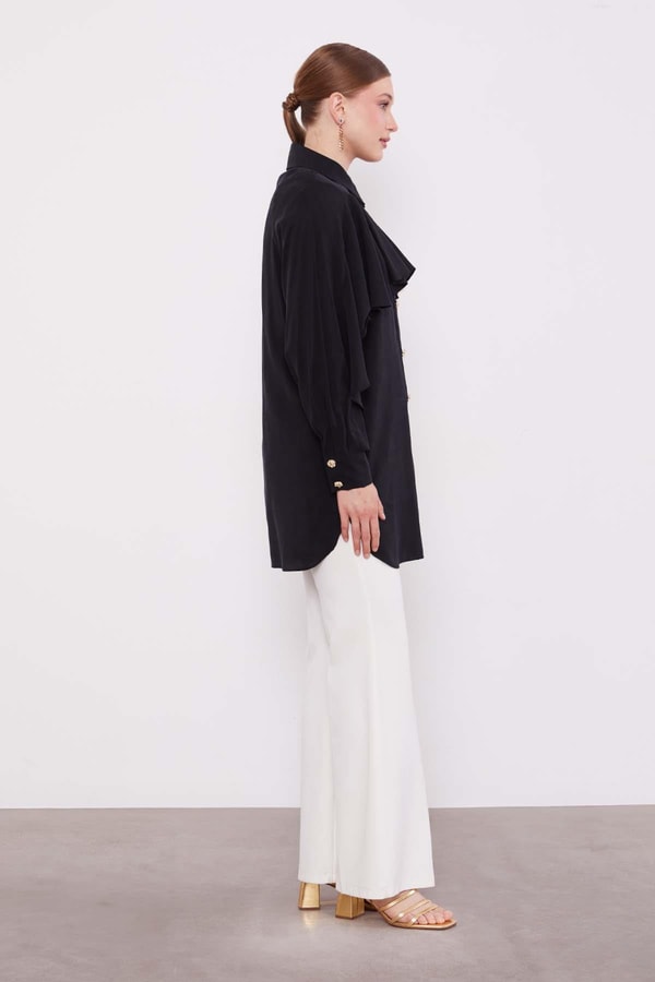 LevidorSiyah Volan Detay Düğmeli Gömlek