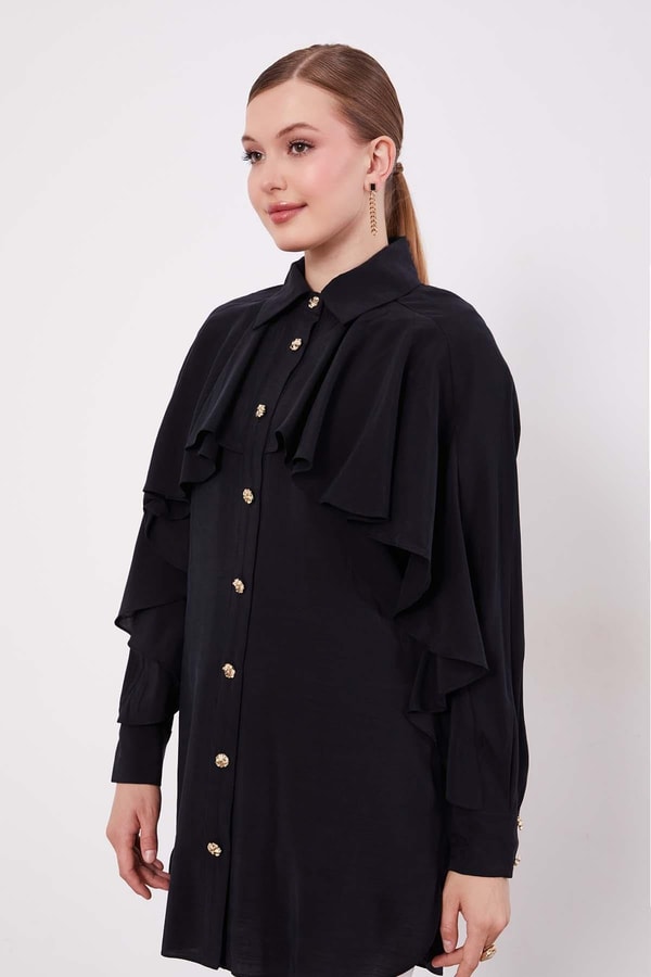 LevidorSiyah Volan Detay Düğmeli Gömlek