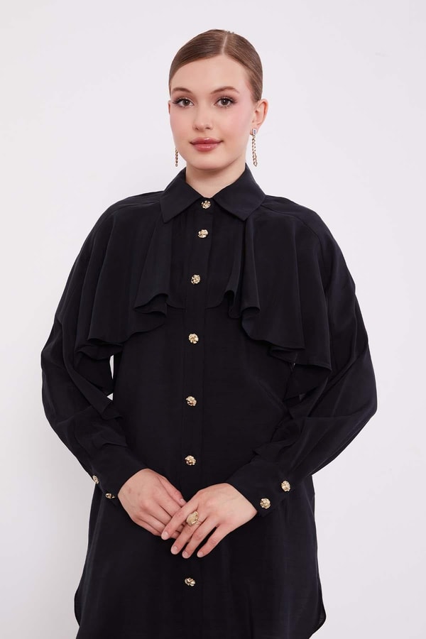LevidorSiyah Volan Detay Düğmeli Gömlek