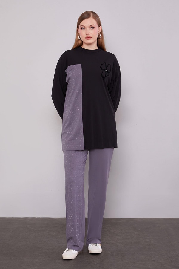 LevidorSiyah Yonca Desen Detaylı İkili Takım