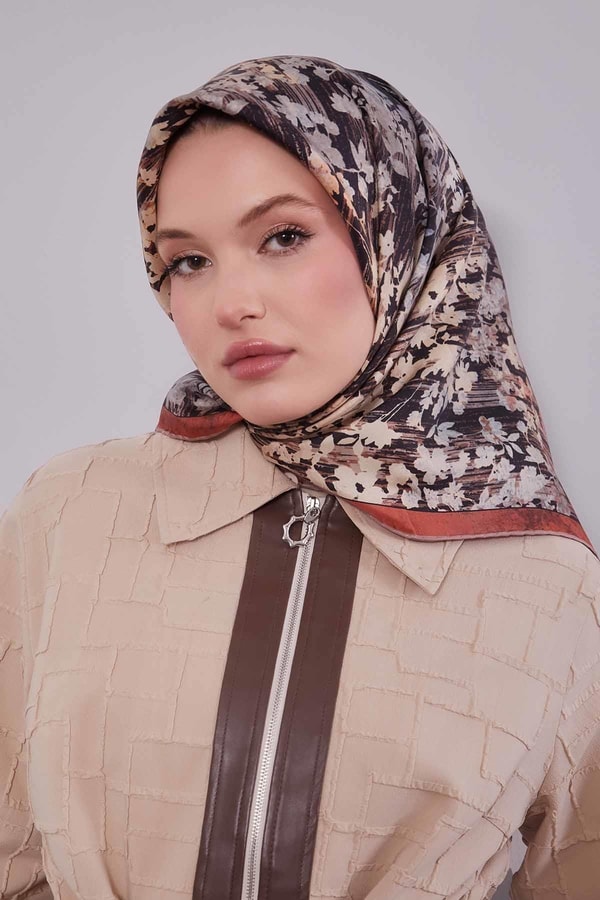LevidorSomon Çiçekli Soyut Desen Twill İpek Eşarp