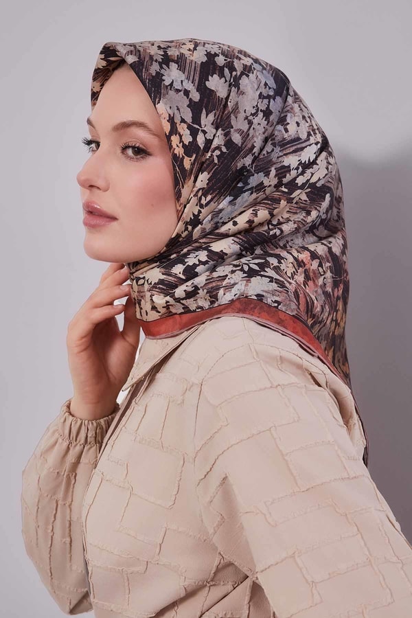 LevidorSomon Çiçekli Soyut Desen Twill İpek Eşarp