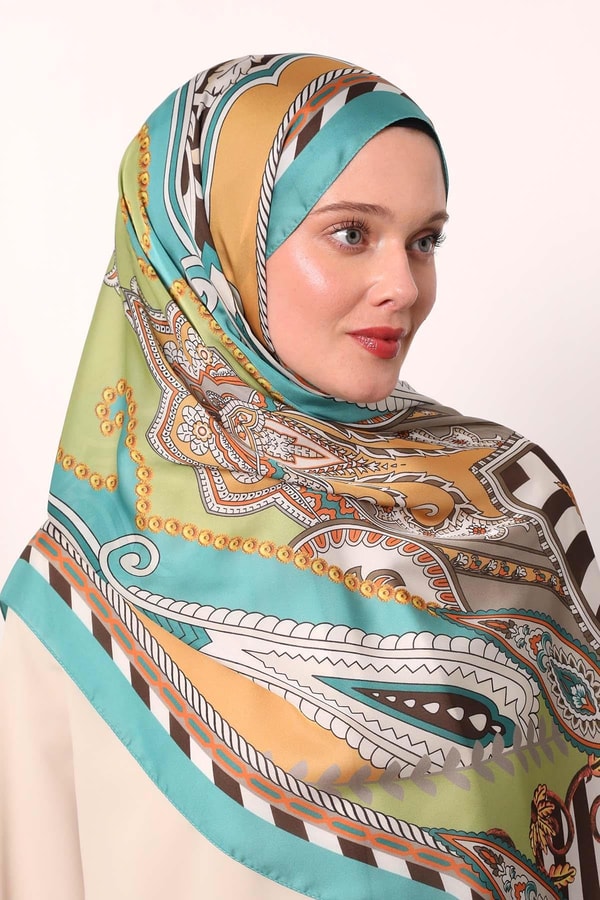 LevidorSu Yeşili Çizgili Hint İpeği Şal