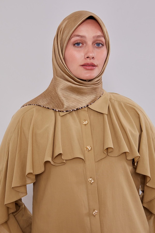 LevidorSütlü Kahve Çizgili Twill İpek Eşarp