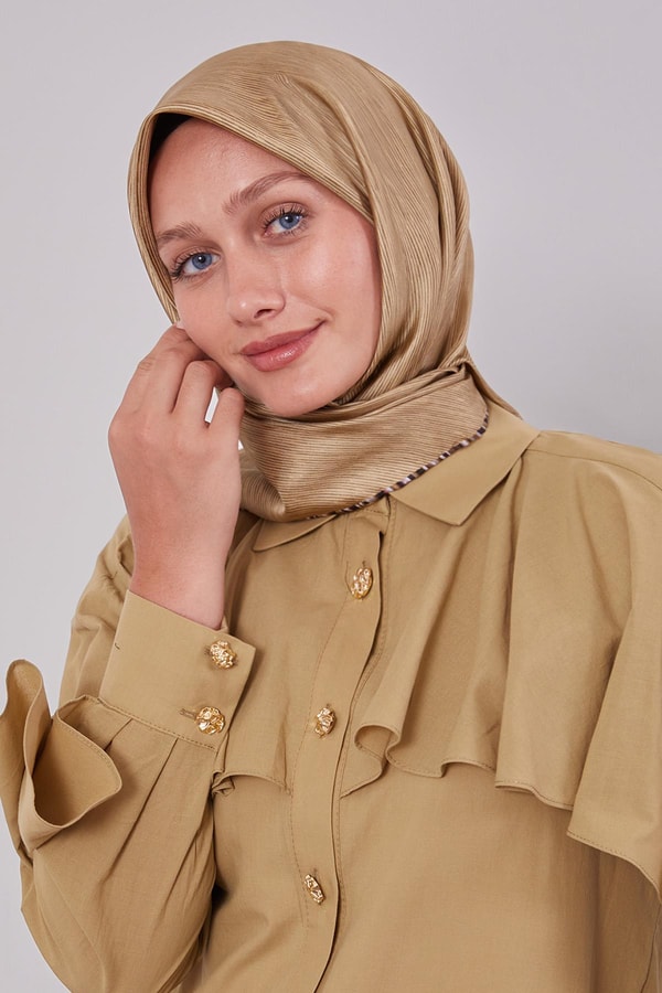 LevidorSütlü Kahve Çizgili Twill İpek Eşarp