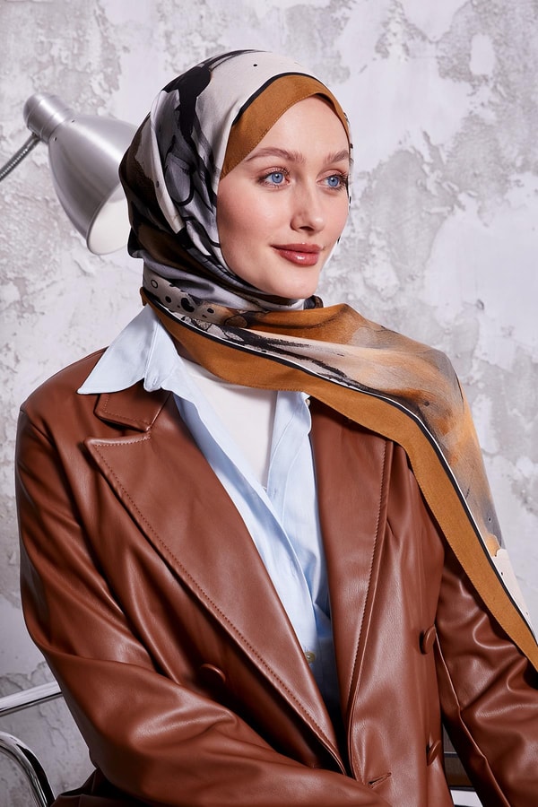 LevidorSütlü Kahve Ebruli Desen Royal Şal