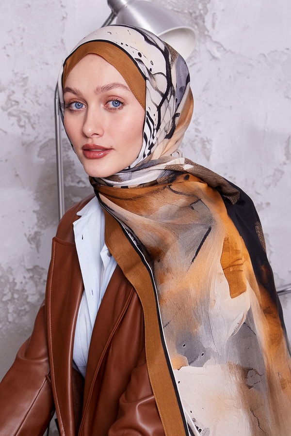 LevidorSütlü Kahve Ebruli Desen Royal Şal