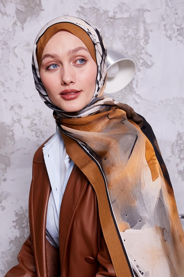 LevidorSütlü Kahve Ebruli Desen Royal Şal