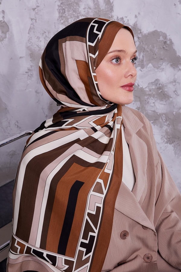 LevidorSütlü Kahve Geometrik Desen Royal Şal