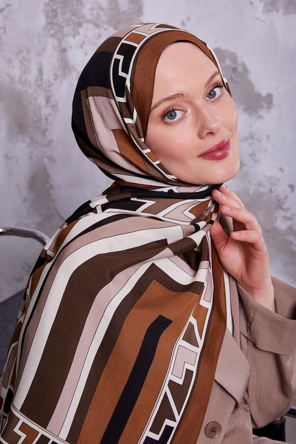 LevidorSütlü Kahve Geometrik Desen Royal Şal