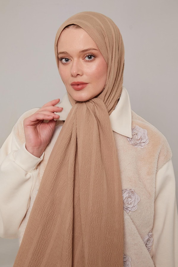 LevidorSütlü Kahve Kendinden Dokulu Natural Line Şal