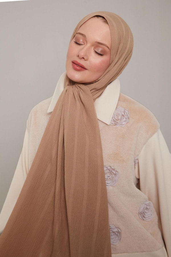 LevidorSütlü Kahve Kendinden Dokulu Natural Line Şal