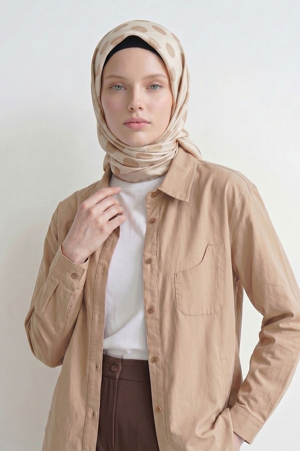 LevidorSütlü Kahve Puantiyeli Twill İpek Eşarp