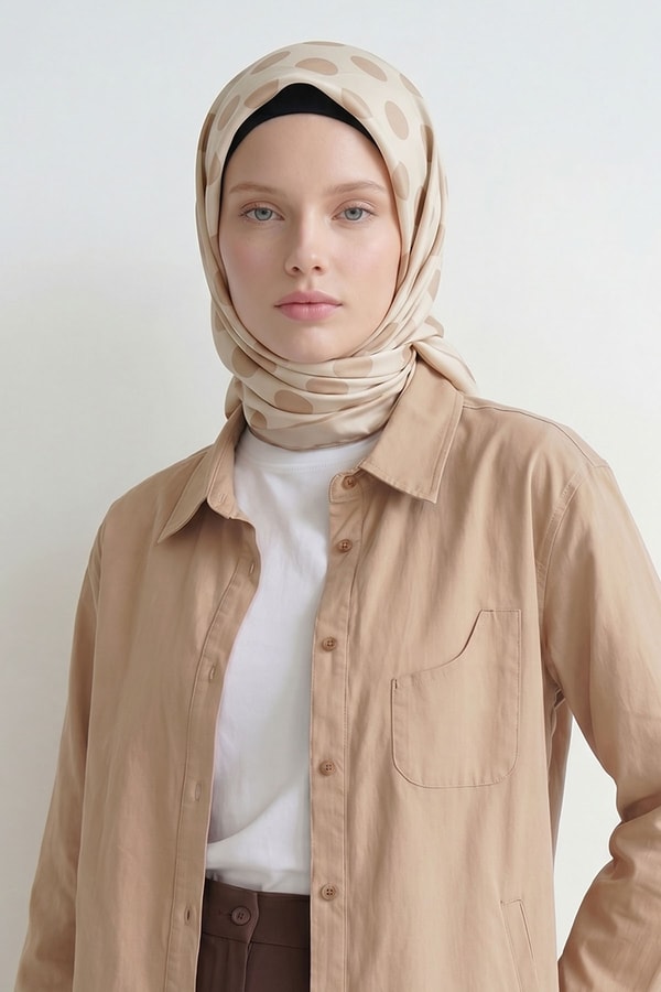 LevidorSütlü Kahve Puantiyeli Twill İpek Eşarp