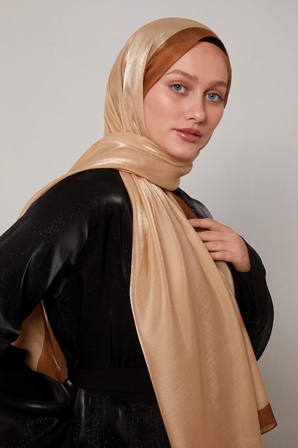 LevidorSütlü Kahve Şerit Desen Kehribar Şal