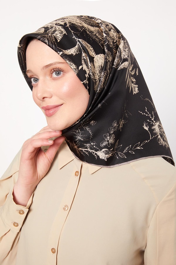 LevidorSütlü Kahve Soyut Gül Desen Twill İpek Eşarp