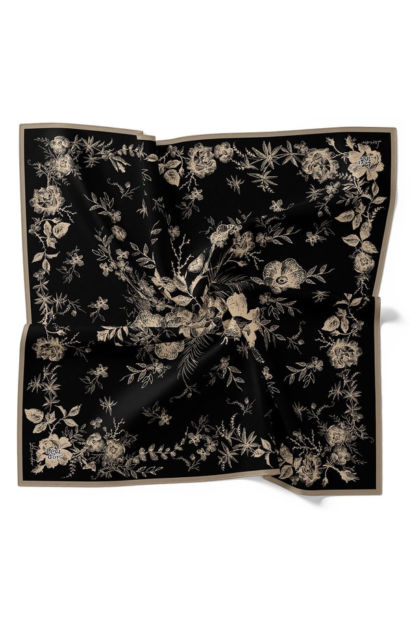 LevidorSütlü Kahve Soyut Gül Desen Twill İpek Eşarp