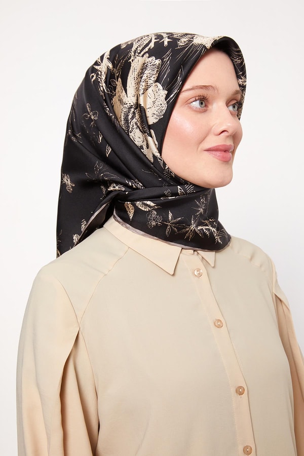LevidorSütlü Kahve Soyut Gül Desen Twill İpek Eşarp