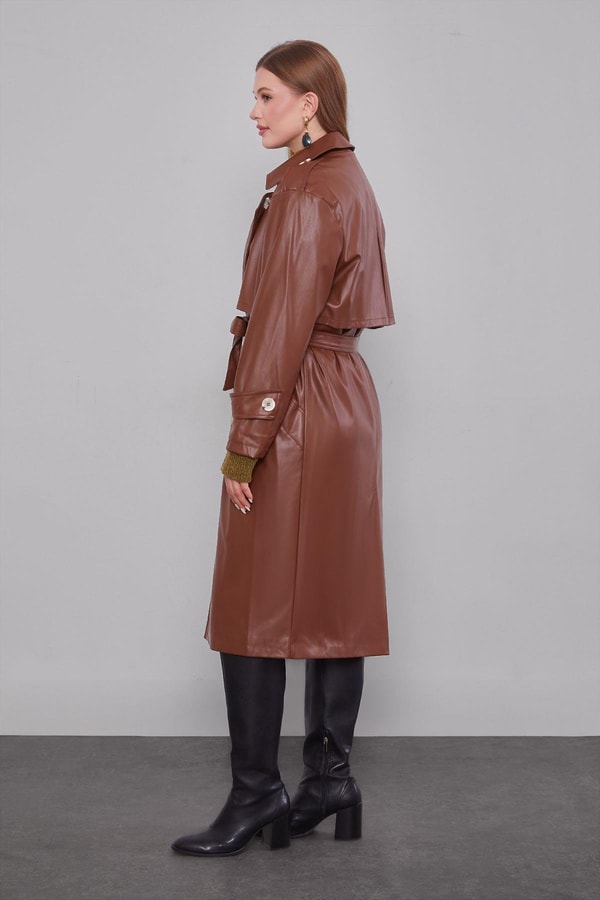 LevidorTaba Midi Boy Kuşaklı Deri Trençkot