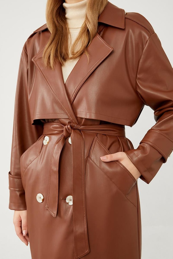 LevidorTaba Midi Boy Kuşaklı Deri Trençkot