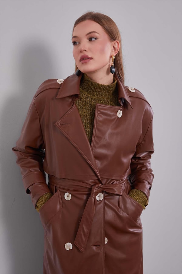 LevidorTaba Midi Boy Kuşaklı Deri Trençkot