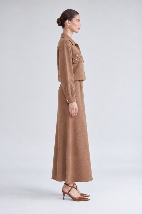 LevidorTaş Detaylı Fermuarlı Ceket Takım Camel