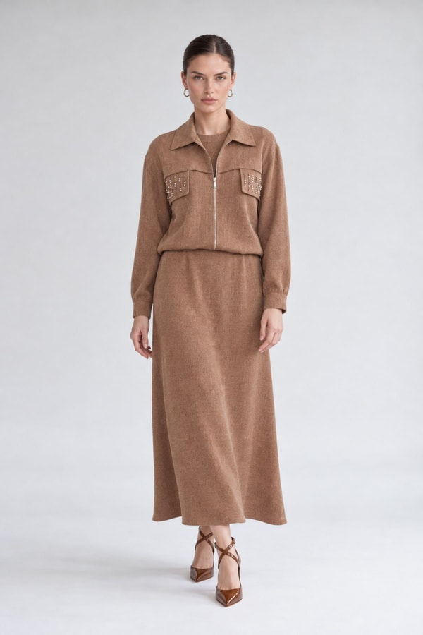 LevidorTaş Detaylı Fermuarlı Ceket Takım Camel