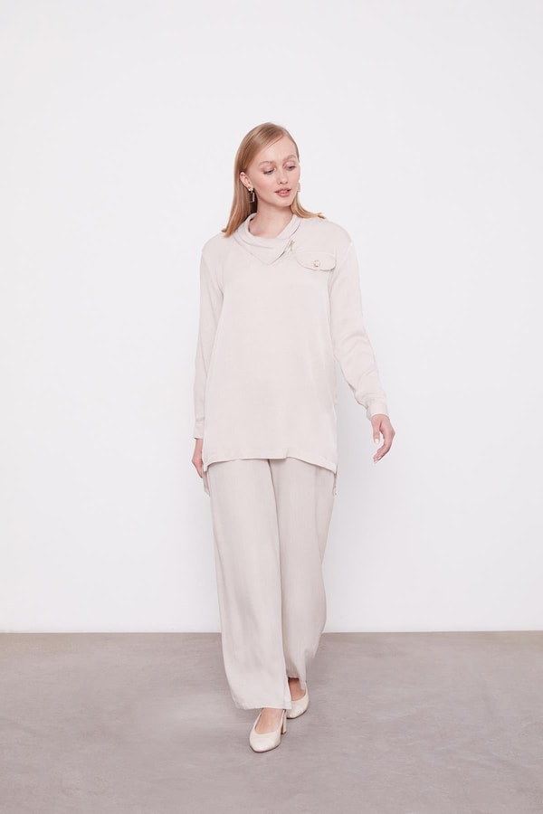 LevidorTaş Fermuar Yaka Düğme Cep Detaylı Tunik Takım