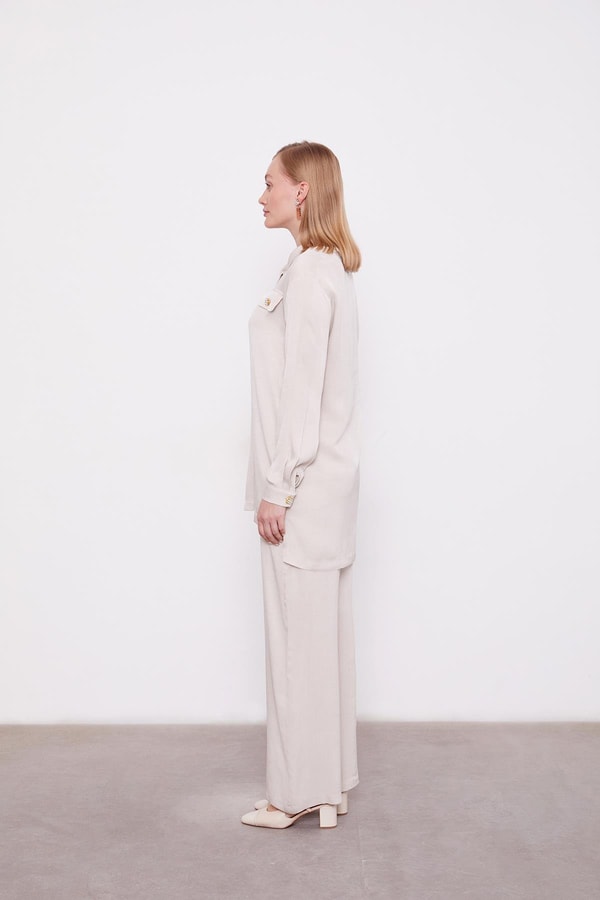 LevidorTaş Fermuar Yaka Düğme Cep Detaylı Tunik Takım