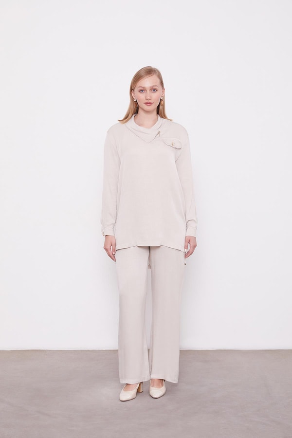 LevidorTaş Fermuar Yaka Düğme Cep Detaylı Tunik Takım