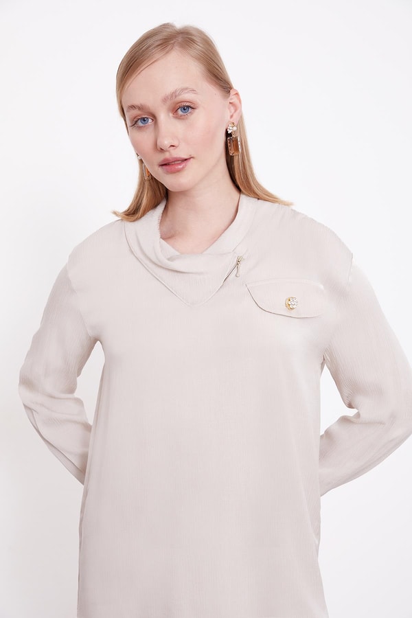 LevidorTaş Fermuar Yaka Düğme Cep Detaylı Tunik Takım