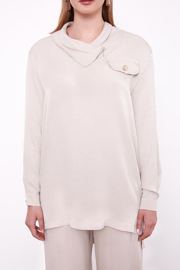 LevidorTaş Fermuar Yaka Düğme Cep Detaylı Tunik Takım