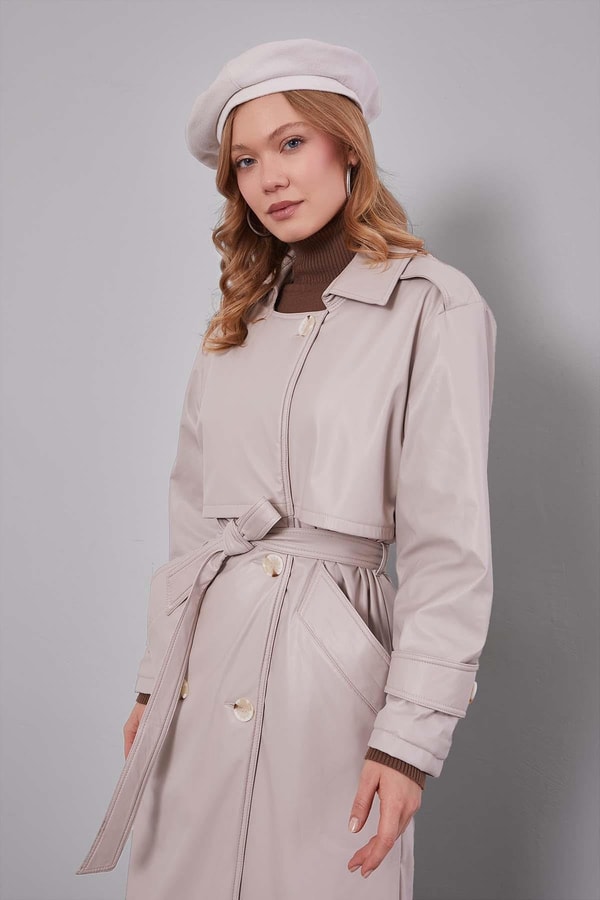 LevidorTaş Midi Boy Kuşaklı Deri Trençkot