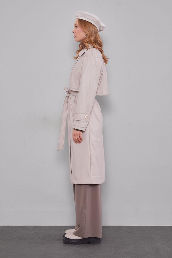 LevidorTaş Midi Boy Kuşaklı Deri Trençkot