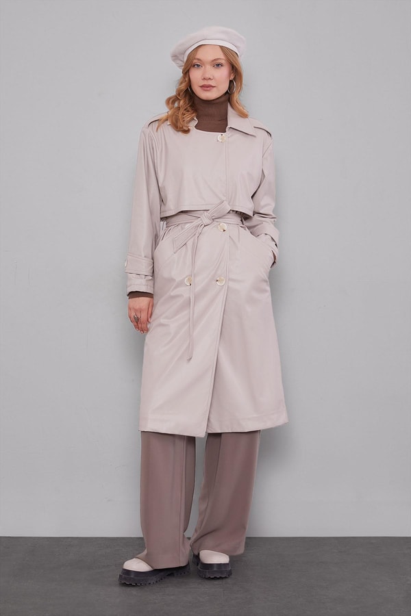 LevidorTaş Midi Boy Kuşaklı Deri Trençkot