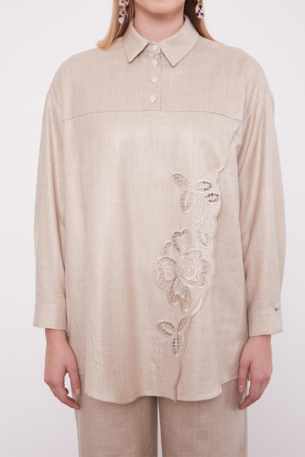 LevidorTaş Nakış Gül Detaylı Tunik Takım