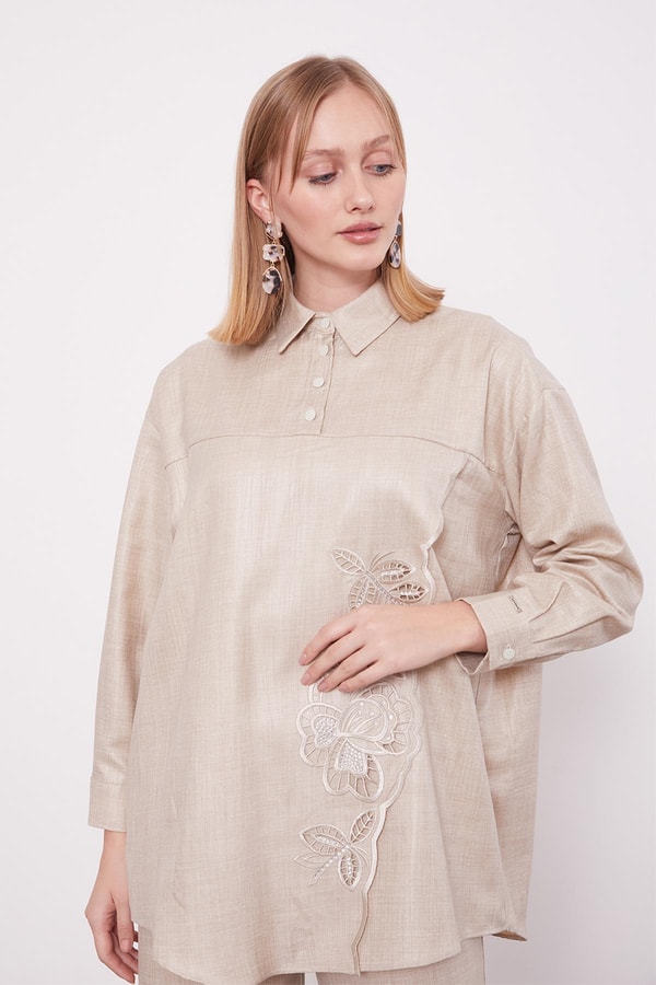 LevidorTaş Nakış Gül Detaylı Tunik Takım